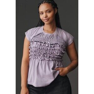 Maeve Anthropologie Smocked Ruffle Top Short Sleeve Ruched Purple M New 284363